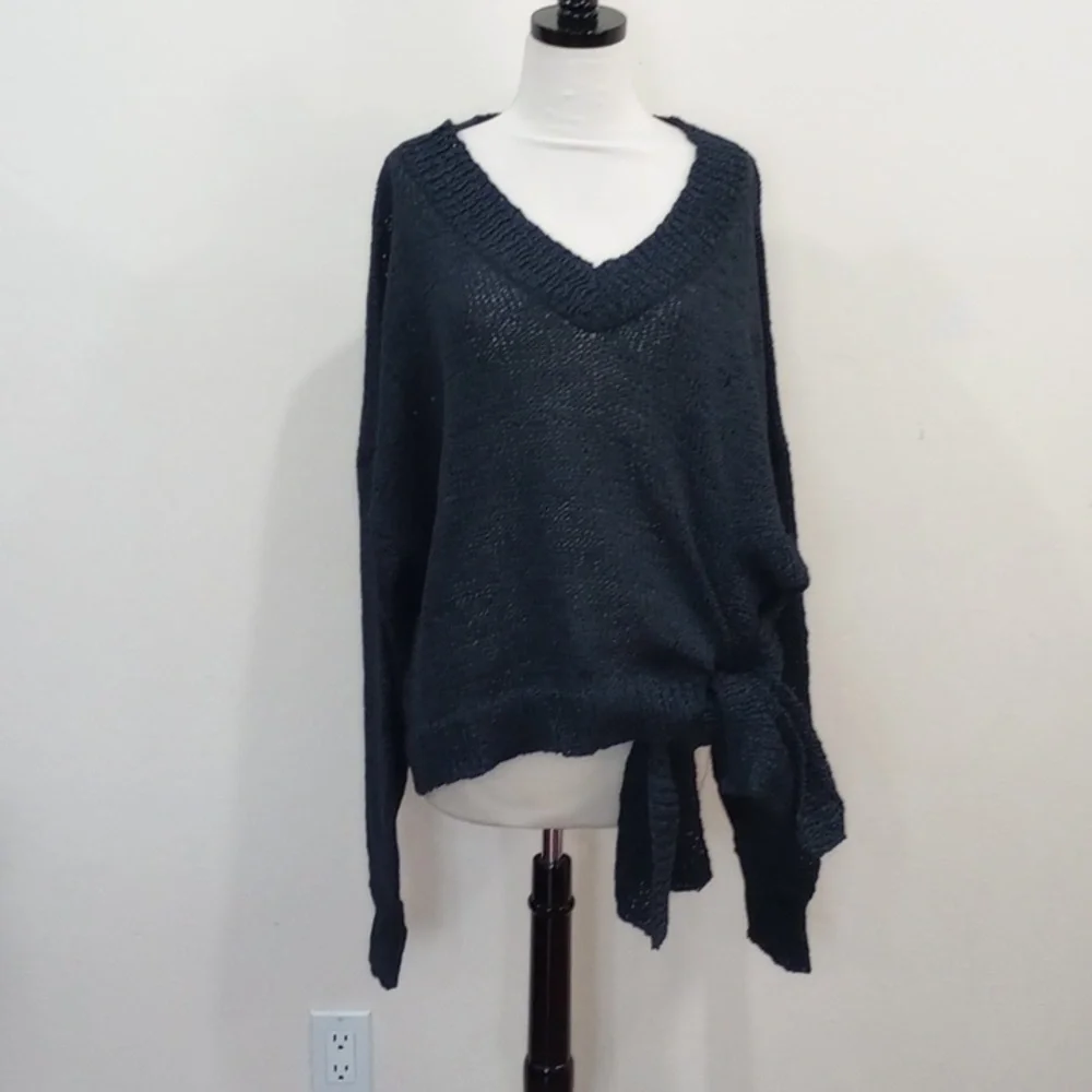 Rodebjer Anisah Blue Tape Yarn Oversize Open Weave Side Tie Sweater, Size XL - Picture 5 of 16